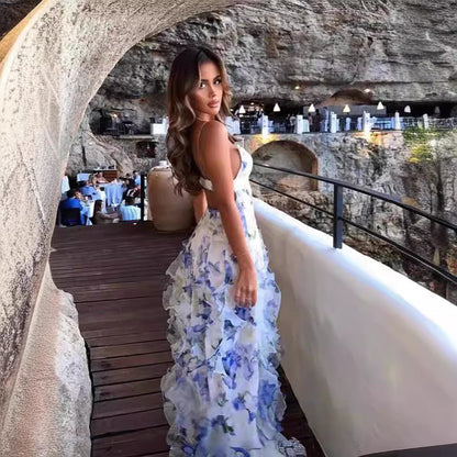 Women's Elegant Floral Ruffle Maxi Dress for Evening and Special Occasions