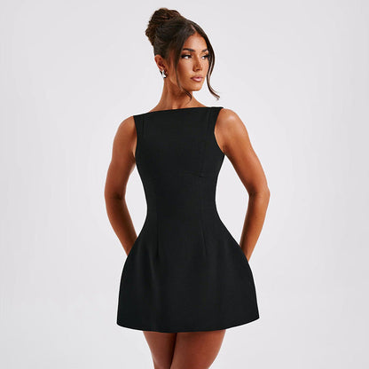 Women's Sleeveless A-Line Mini Dress – Elegant Scoop Back Cocktail Look