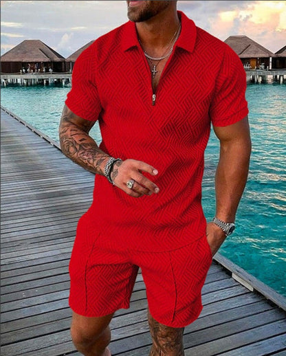 Men’s Casual Zip Polo & Shorts Set for Summer Outings
