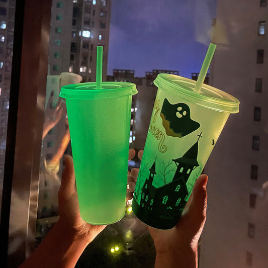 Halloween Glow-in-the-Dark Reusable Tumbler Cup with Straw – Spooky Party Drinkware