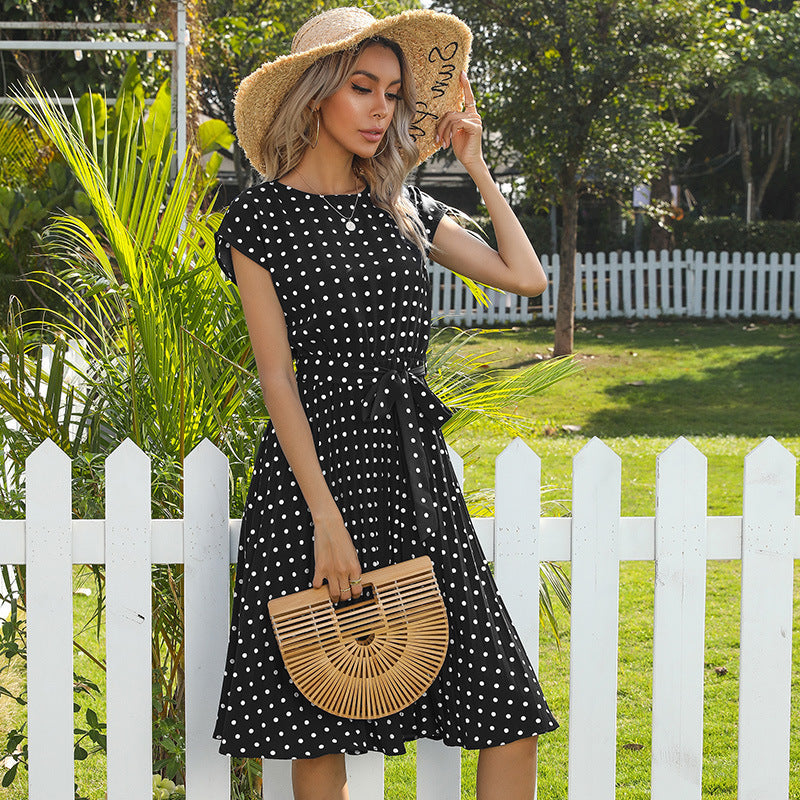 Women’s Vintage Polka Dot Midi Dress with Belted Waist