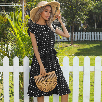 Women’s Vintage Polka Dot Midi Dress with Belted Waist