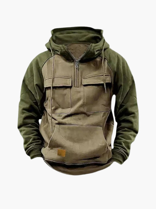 Men's Urban Casual Quarter-Zip Hoodie with Chest Pockets and Drawstring Hood