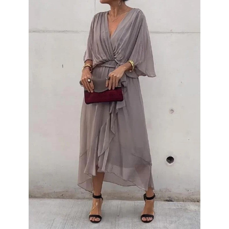 Women’s Elegant Wrap Midi Dress with Flowing Sleeves for Special Occasions