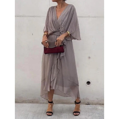 Women’s Elegant Wrap Midi Dress with Flowing Sleeves for Special Occasions