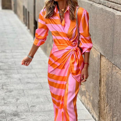 Christine – Striped Printed Dress with Lace-up Detail
