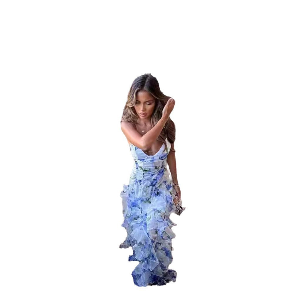 Women's Elegant Floral Ruffle Maxi Dress for Evening and Special Occasions