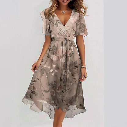 Women’s Elegant Flutter Sleeve Midi Dress with Wrap Front