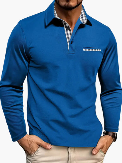 Men's Long Sleeve Polo Shirt with Checked Collar – Slim Fit Stylish Casual Top