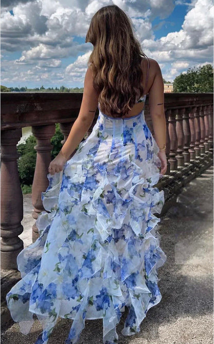 Women's Elegant Floral Ruffle Maxi Dress for Evening and Special Occasions