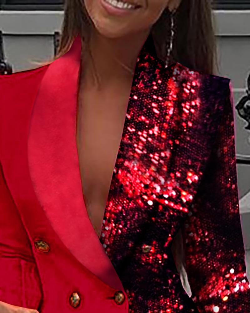 Women's Sequin Patchwork Deep V Neck Party Mini Blazer Dress