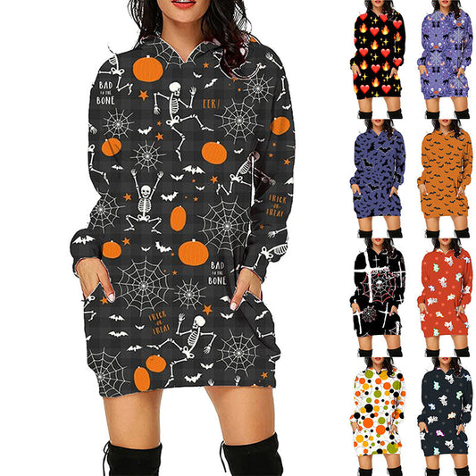 Women's Halloween Hooded Sweatshirt Dress – Fun Printed Costume & Party Wear
