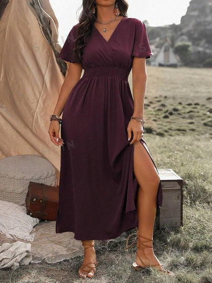Helen – Long Slimming Dress with V-neck and Bell Sleeves