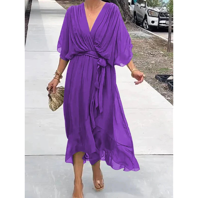 Women’s Elegant Wrap Midi Dress with Flowing Sleeves for Special Occasions