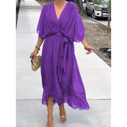 Women’s Elegant Wrap Midi Dress with Flowing Sleeves for Special Occasions