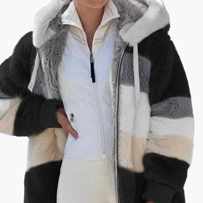 Women's Winter Hooded Plush Jacket with Zipper – Cozy Casual Outerwear for Cold Weather
