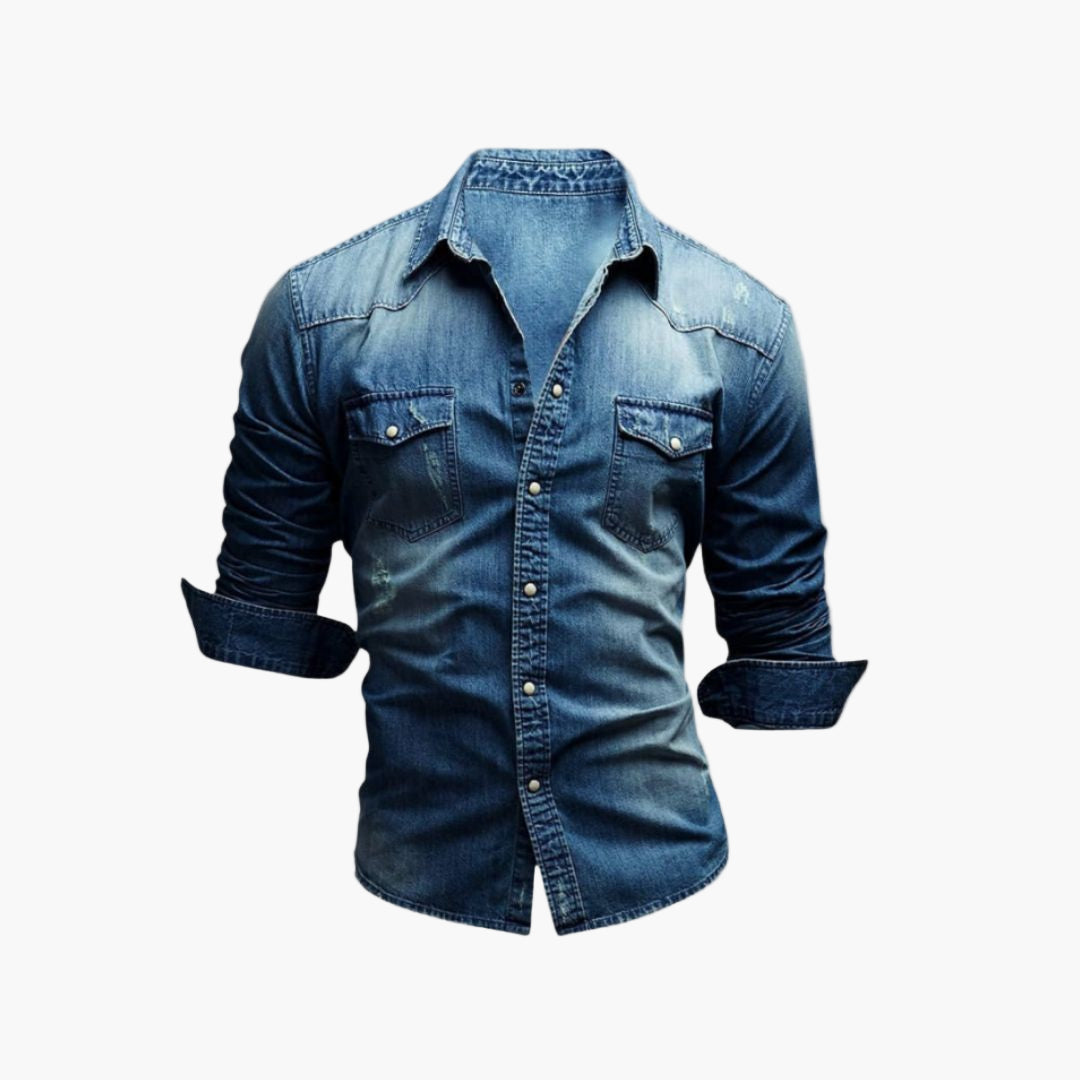 Men's Western Denim Shirt with Snap Buttons - Classic Casual Style
