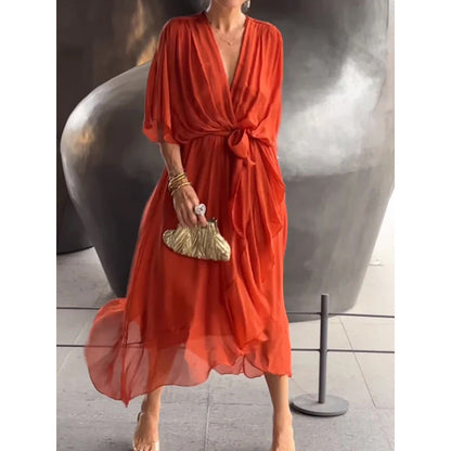 Women’s Elegant Wrap Midi Dress with Flowing Sleeves for Special Occasions