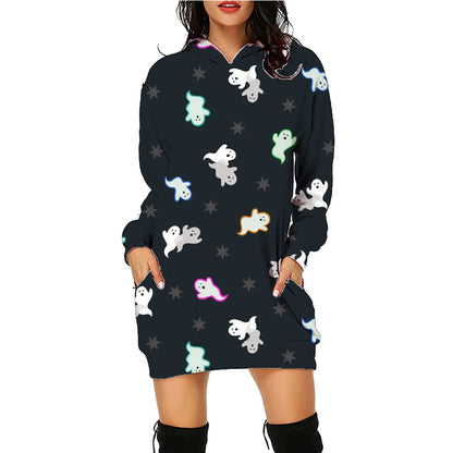 Women's Halloween Hooded Sweatshirt Dress – Fun Printed Costume & Party Wear