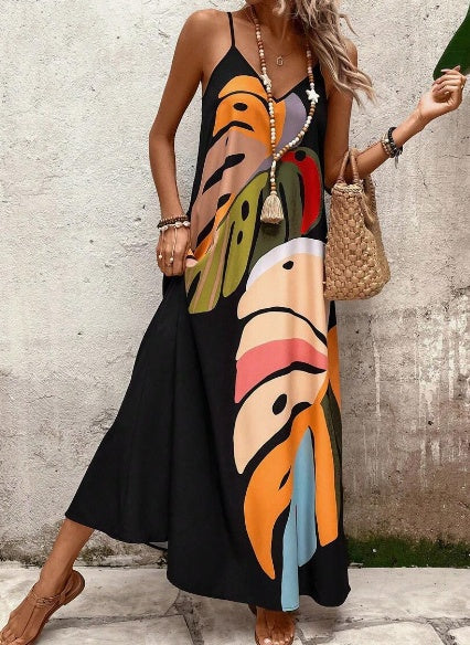 Lauren – Colorful Leaf Print Maxi Dress