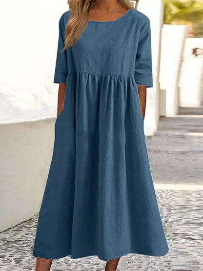 Katy – Fashion Casual Cotton Linen Short Sleeve Pocket Dress