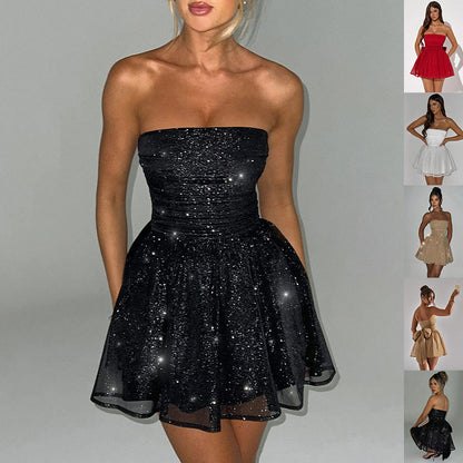Women's Strapless Glitter Party Mini Dress – Elegant Fit & Flare Evening Look
