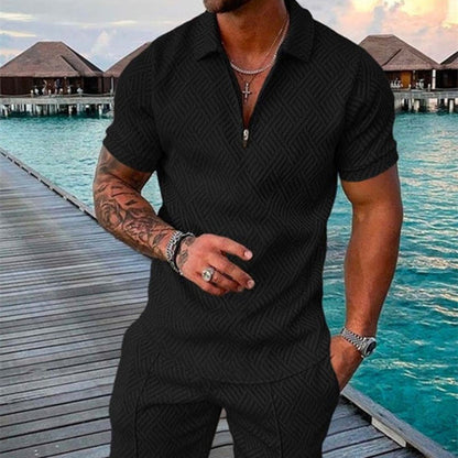 Men’s Casual Zip Polo & Shorts Set for Summer Outings