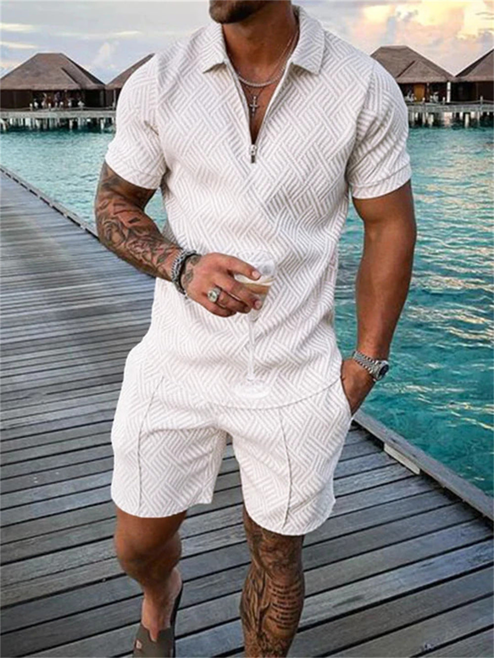 Men’s Casual Zip Polo & Shorts Set for Summer Outings