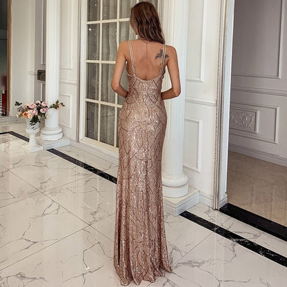 Francesca – V Neck Sequin Spaghetti Strap Maxi Dress