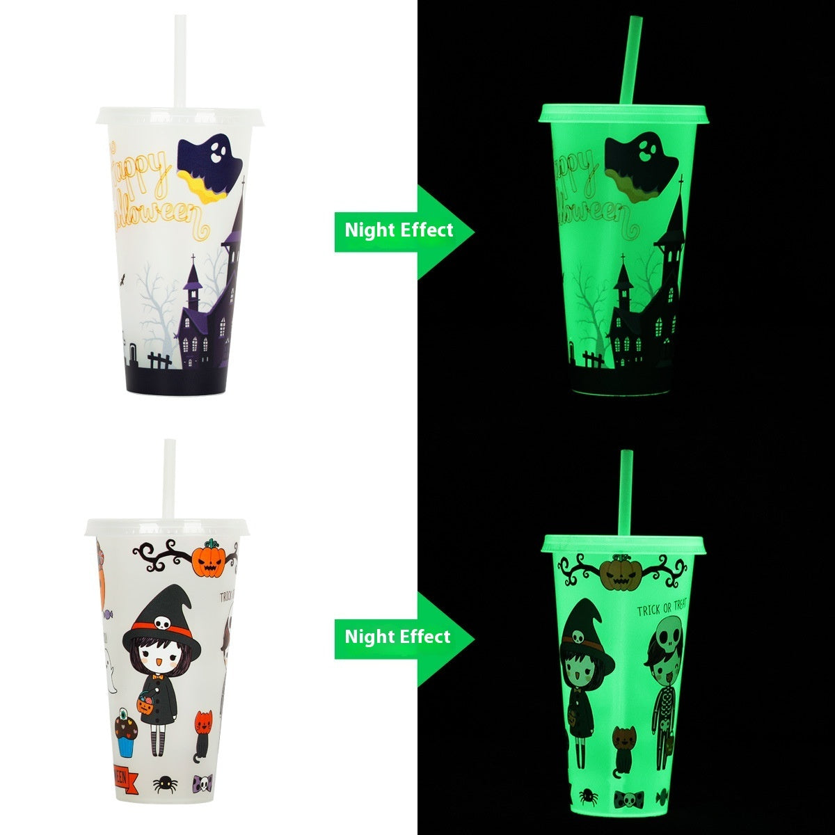 Halloween Glow-in-the-Dark Reusable Tumbler Cup with Straw – Spooky Party Drinkware
