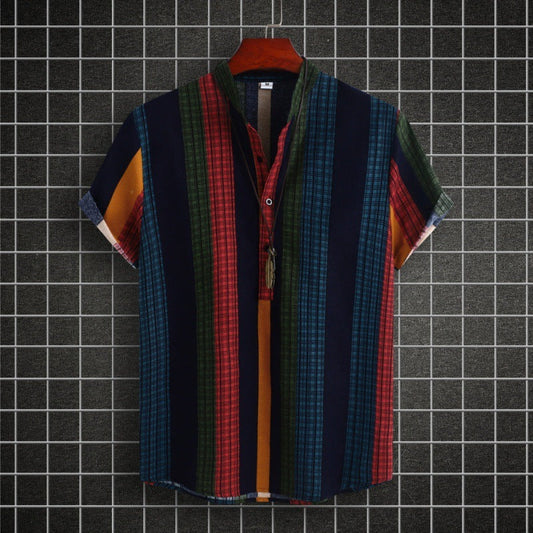 Larry – Men's Ethnic Striped Cotton-Linen Shirt
