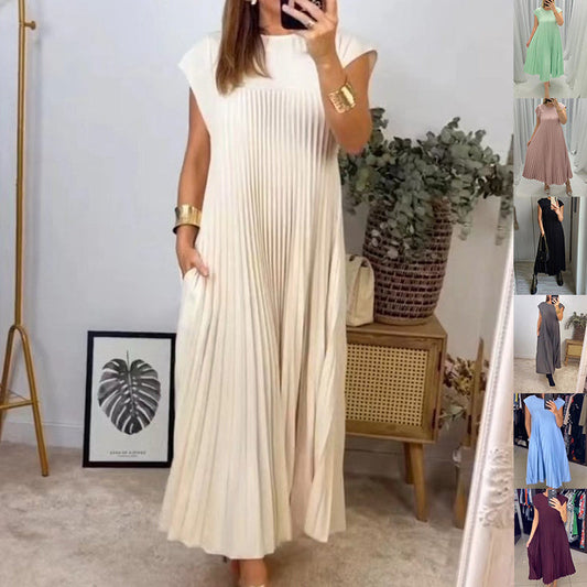 Emily – Short Sleeve Pleated Long Dress