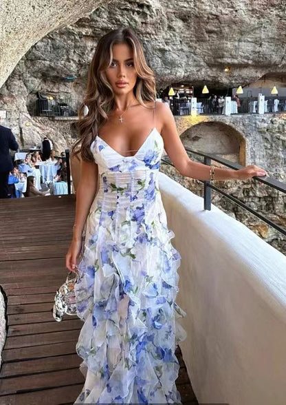 Women's Elegant Floral Ruffle Maxi Dress for Evening and Special Occasions