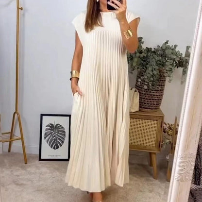 Emily – Short Sleeve Pleated Long Dress