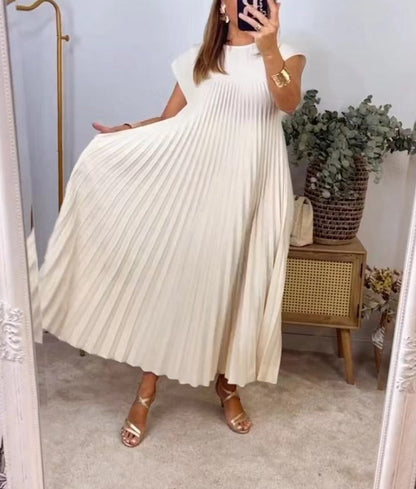 Emily – Short Sleeve Pleated Long Dress
