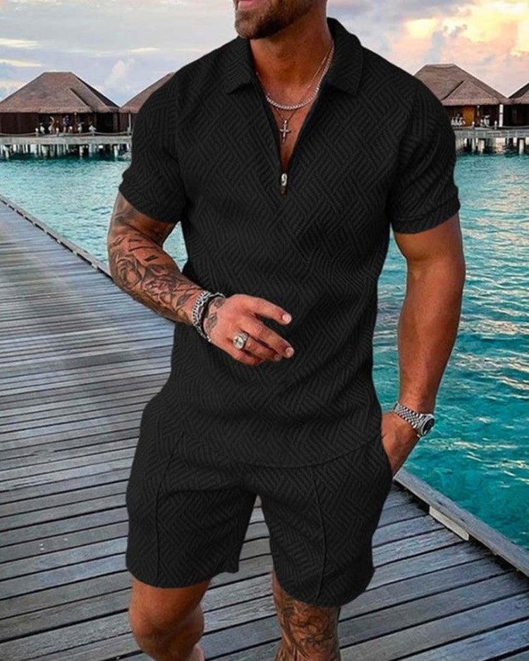 Men’s Casual Zip Polo & Shorts Set for Summer Outings