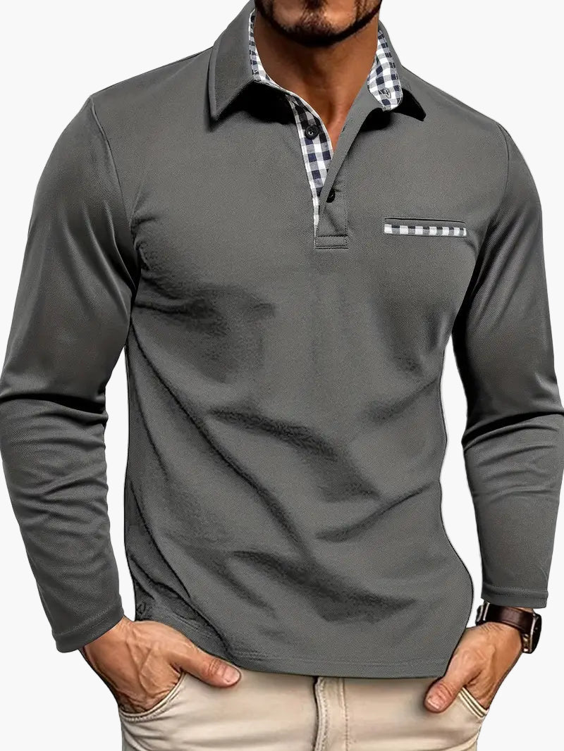 Men's Long Sleeve Polo Shirt with Checked Collar – Slim Fit Stylish Casual Top