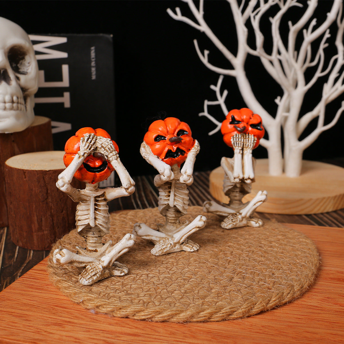 Halloween Pumpkin Head Skeleton Figurine Set - Spooky Party Decoration (3 Pieces)