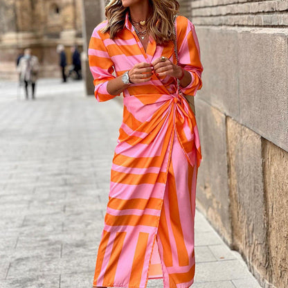 Christine – Striped Printed Dress with Lace-up Detail