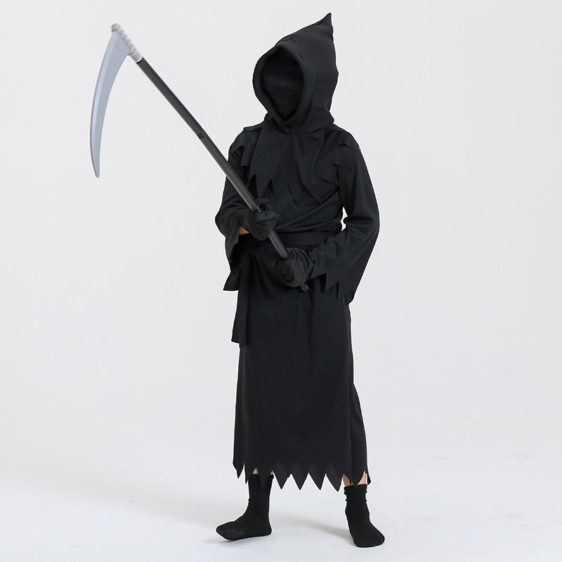 Kids' Halloween Grim Reaper Costume with Sickle – Unisex Spooky Party Outfit