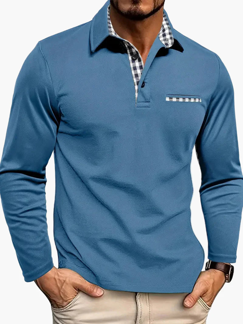 Men's Long Sleeve Polo Shirt with Checked Collar – Slim Fit Stylish Casual Top