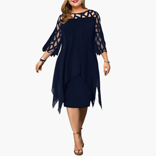 Women's Plus Size Elegant Midi Dress with Sheer Lace Sleeves – Formal & Evening Wear