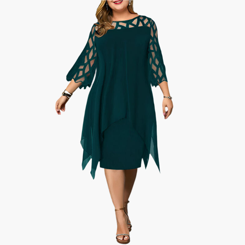 Women's Plus Size Elegant Midi Dress with Sheer Lace Sleeves – Formal & Evening Wear