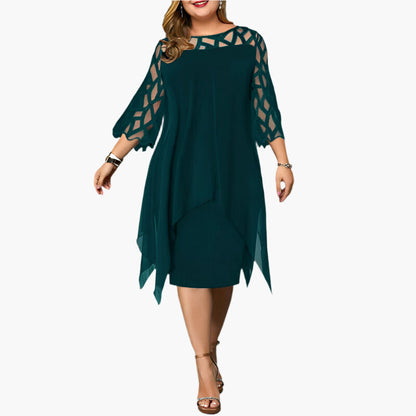 Women's Plus Size Elegant Midi Dress with Sheer Lace Sleeves – Formal & Evening Wear