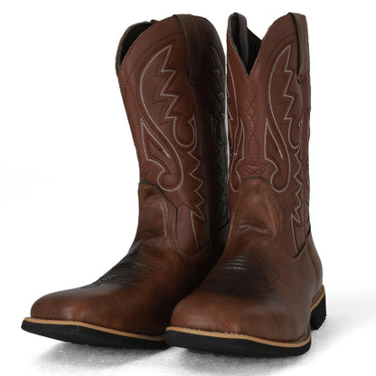 Men's Western Cowboy Leather Boots with Totem Pattern and Slip-On Design