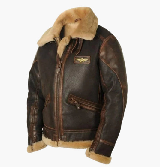 Men's Classic Shearling Collar Aviator Bomber Jacket for Winter