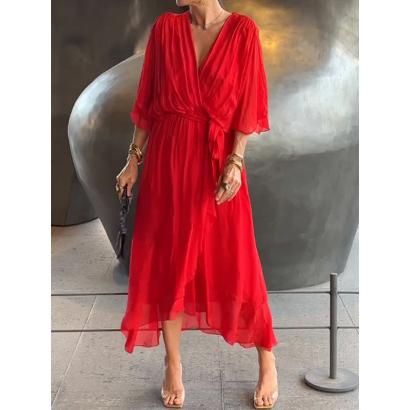 Women’s Elegant Wrap Midi Dress with Flowing Sleeves for Special Occasions