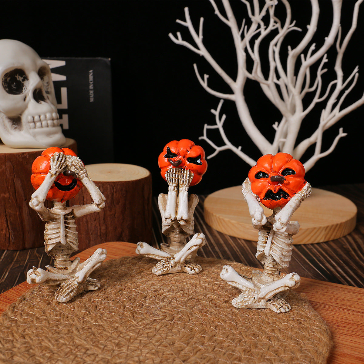 Halloween Pumpkin Head Skeleton Figurine Set - Spooky Party Decoration (3 Pieces)