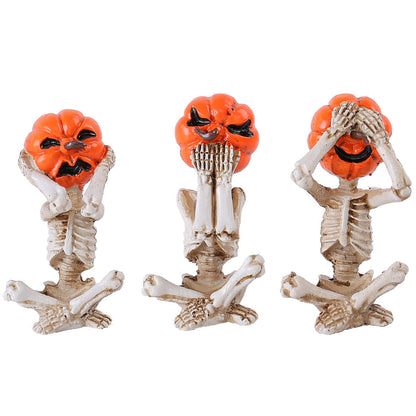 Halloween Pumpkin Head Skeleton Figurine Set - Spooky Party Decoration (3 Pieces)