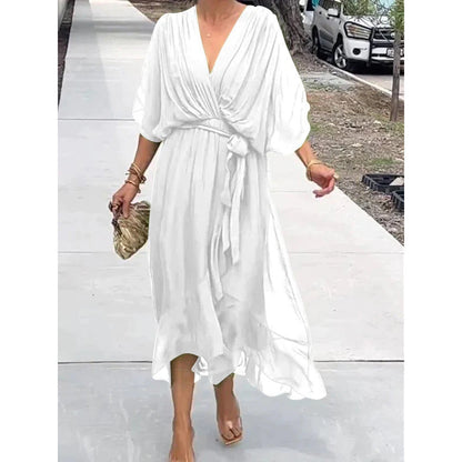 Women’s Elegant Wrap Midi Dress with Flowing Sleeves for Special Occasions